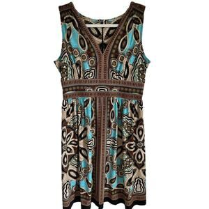 Perceptions New York Dress Sz 8 Sleeveless V-Neck Blue Brown Career Night Out